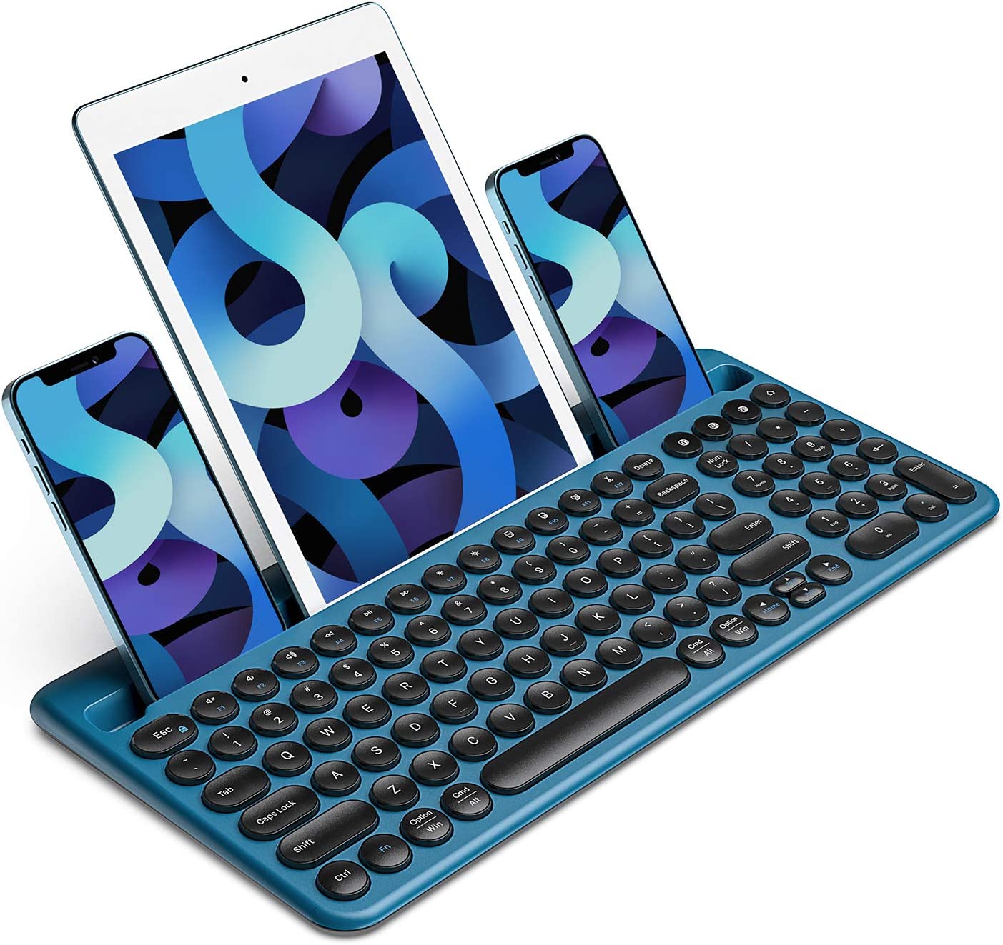 Bluetooth Keyboard, Rechargeable Wireless Keyboard with Round Keycaps, Multi-Device Wireless Keyboard Connect up to 3 Devices for Mac OS, iPhone, Tablet, PC, Smart TV, Android Windows -Black Blue