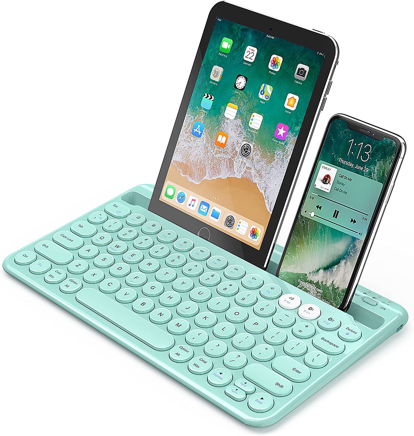 Bluetooth Keyboard, Rechargeable Multi-Device Wireless Bluetooth Keyboard with Stand Slot, Support 2 Devices for iPad Tablet Smartphone MacBook iOS Windows Android