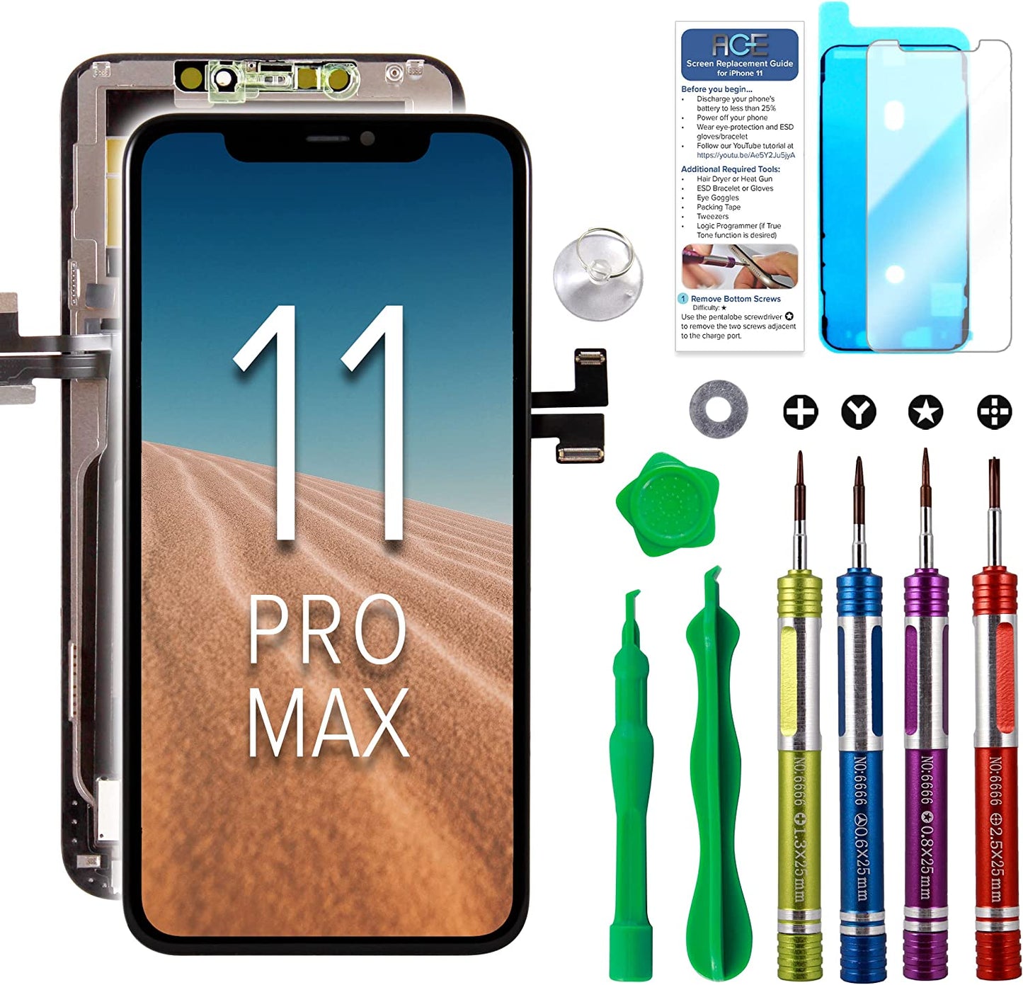LCD Screen Replacement Compatible with iPhone 11 Pro Max 6.5 inch (Model A2161, A2220, A2218) 3D Touch Screen Display Digitizer Frame Assembly Repair Kit with Repair Tools