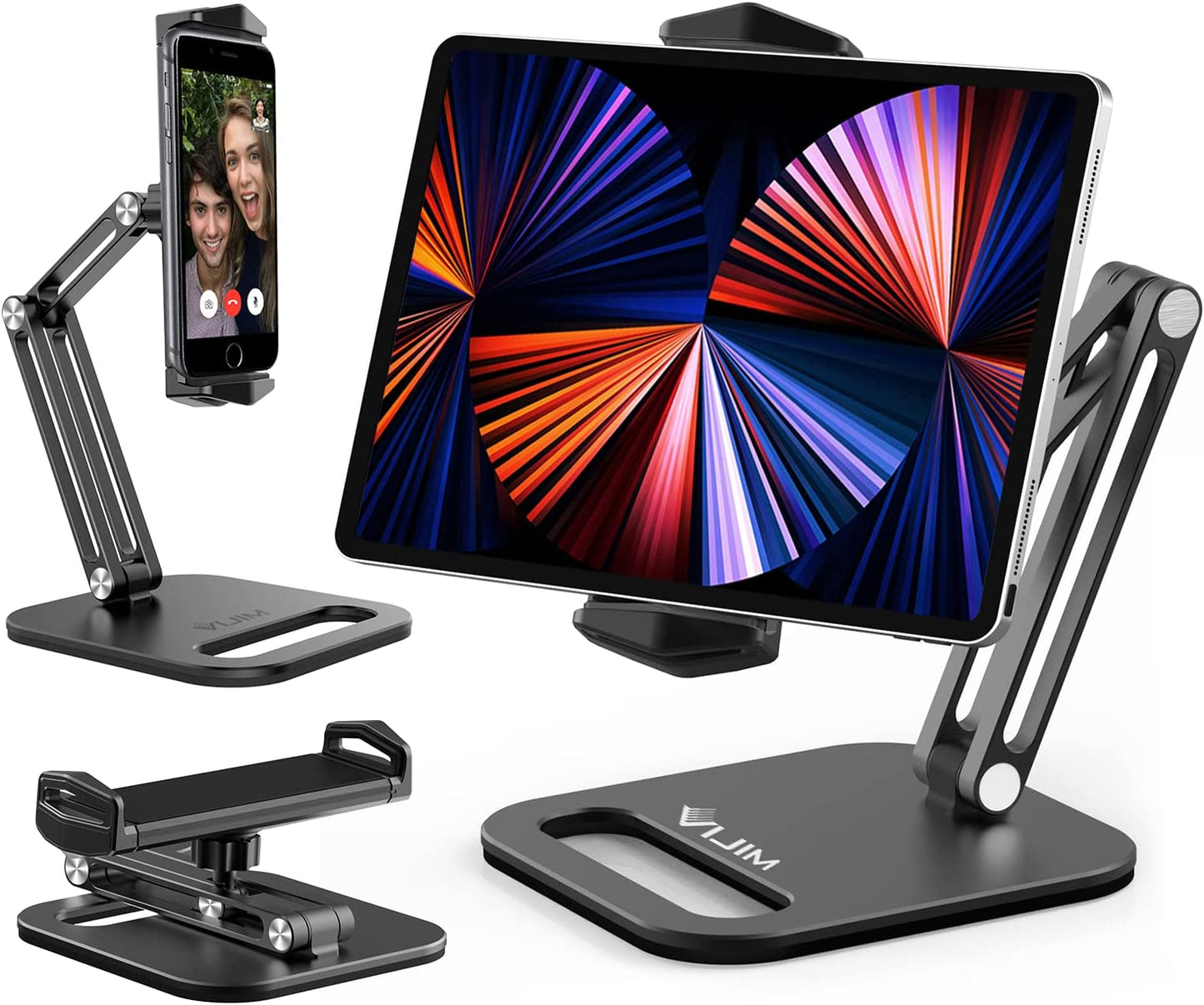 Tablet Stand Holder, VIJIM P001 Desktop Phone Mount Stand with 2 Adjustable Arm and 360° Rotates Tablet Holder Universal Foldable Multi Angle, Compatible with iPad iPhone Tablet and More