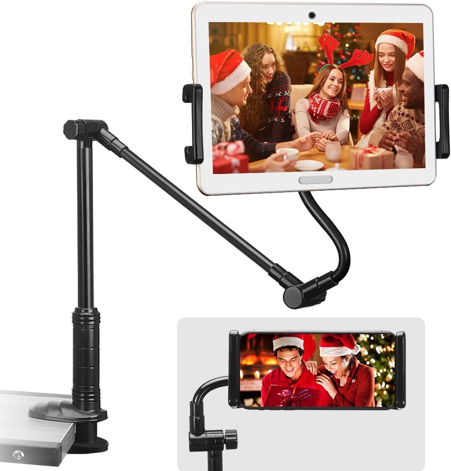 Phone Holder Bed Gooseneck Mount Clip with 360° Rotation Flexible & Hard Arm Bracket Compatible with iPad,Tablet,4-14" Phones, Foldable Tablet Stand for Desk Bed Kitchen Office& Christmas Gift