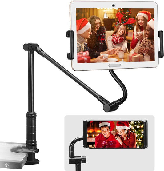 Phone Holder Bed Gooseneck Mount Clip with 360° Rotation Flexible & Hard Arm Bracket Compatible with iPad,Tablet,4-14" Phones, Foldable Tablet Stand for Desk Bed Kitchen Office& Christmas Gift